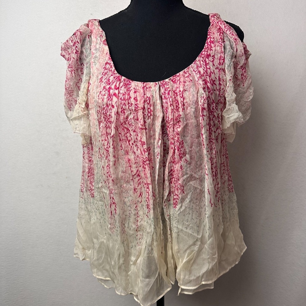 Diane von Furstenberg Silk Floral Flutter Sleeve Blouse Pink Cream Size 6